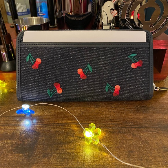 Kate Spade NWT blue multi colored embroidered denim cherry long wallet $135 - Picture 9 of 11